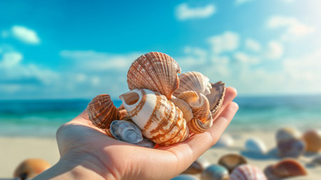 Sea shells in hands. Generative AIの素材