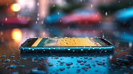 Smartphone in waterdrops waterproof phone. Generative AIの素材