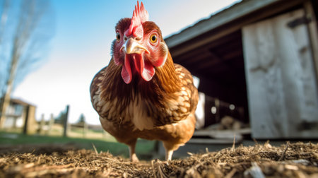 Hen lays eggs at a chicken coop at a bio farm. Generative AIの素材