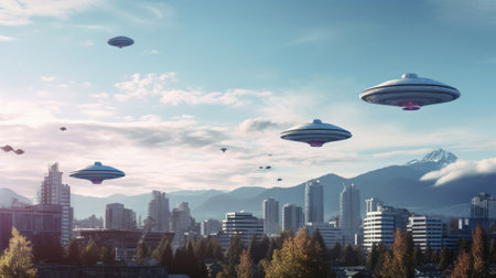 UFO Armada over downtown. Generative AIの素材