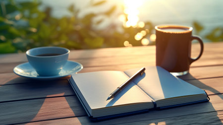 Open a blank notebook pen and cup of coffee. Generative AIの素材