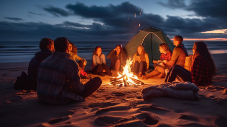 Blurred group of young people sitting by the campfire. Generative AIの素材