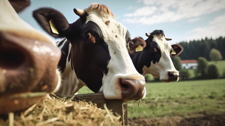 Cows on the farm eating hay close-up. Generative AI.の素材