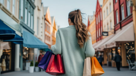 Woman with shopping bags enjoy shopping back view. Generative AIの素材