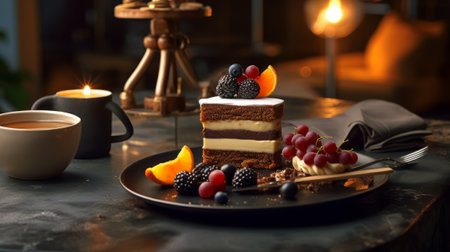 Haute cuisine dessert on restaurant table on dark backround. Generative AIの素材