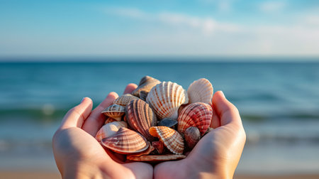 Sea shells in hands. Generative AIの素材