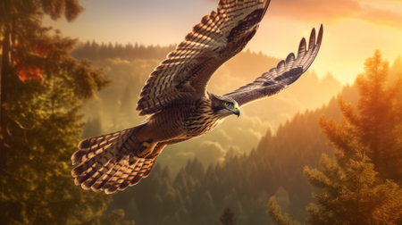 Flying falcon in the nature background. Generative AI.の素材