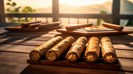 Cigars on a wooden desk closeup view. Generative AI.の素材