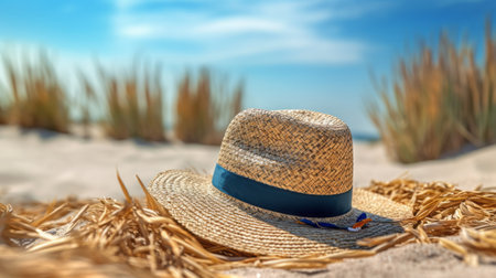 Straw hat sunglasses on sandy tropical beach. Generative AIの素材