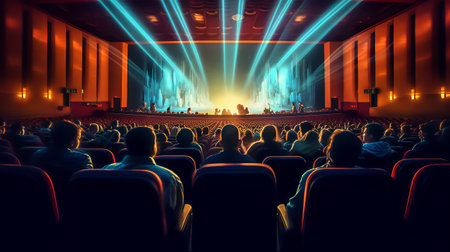 People sitting at cinema watching 3D film back view. Generative AI.の素材