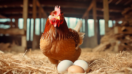 Hen lays eggs at a chicken coop at a bio farm. Generative AI.の素材