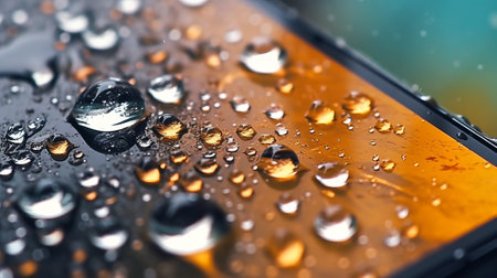 Smartphone in waterdrops waterproof phone. Generative AIの素材