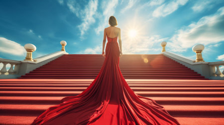 Woman in a luxurious dress on a red carpet close-up. Generative AIの素材