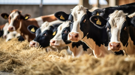 Cows on the farm eating hay close-up. Generative AI.の素材