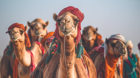 Camels with traditional dresses close up. Generative AIの素材