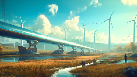 A hydrogen pipeline with wind turbines and in the back view. Generative AI.の素材