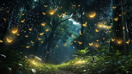 Sparkling fireflies flying in the night forest. Generative AIの素材