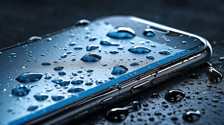 Smartphone in waterdrops waterproof phone. Generative AIの素材