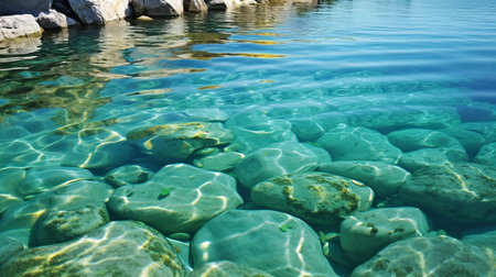 Lake calm turquoise water in sunny day close-up. Generative AI.の素材