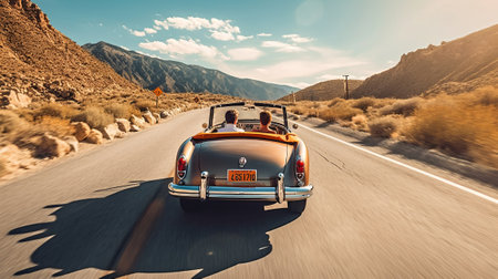 Young people ride in a vintage convertible back view. Generative AIの素材