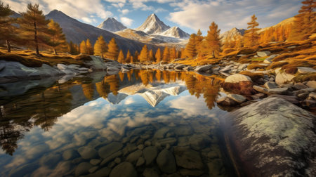Mountain panorama of a beautiful alpine autumn. Generative AI.の素材