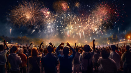 Crowd watching fireworks and celebrating back view. Generative AI.