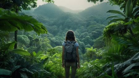 Girl lost in deep jungle back view. Generative AI.の写真素材