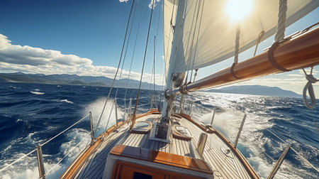 Yacht sailing in an open sea. Close-up view. Generative AI.