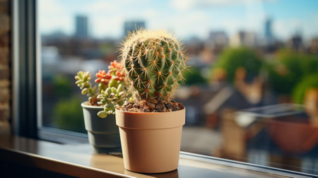 Cactus in pot sitting on window sill next. Generative AI.の素材
