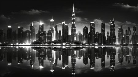 city skyline dark black and white style. Generative AI.の素材