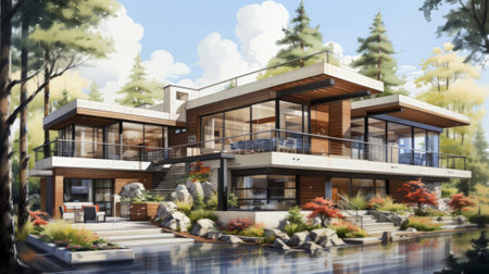 Architectural sketch of a modern house. Generative AI.の素材