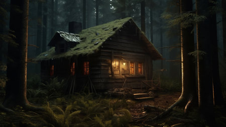 Creepy cabin in the forest. Generative AI.の素材
