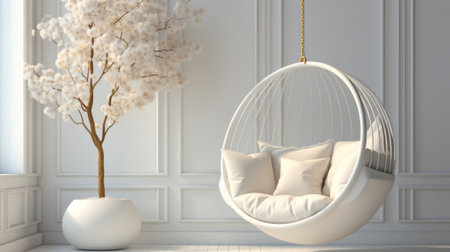 White room with hanging chair. Generative AI.の素材