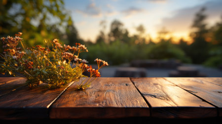 Wooden top with bokeh nature background. Generative AI.の素材