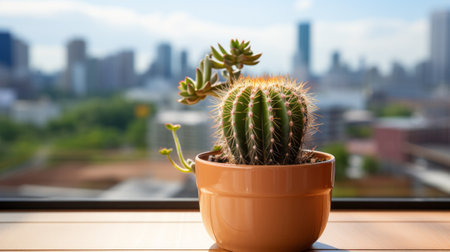 Cactus in pot sitting on window sill next. Generative AI.の素材
