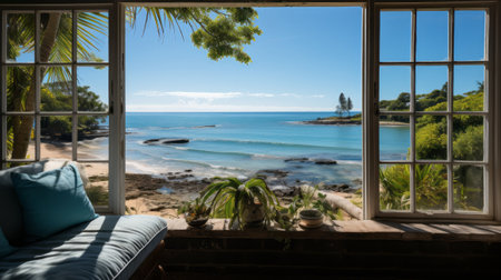 Ocean view from bungalow window. Generative AI.の素材