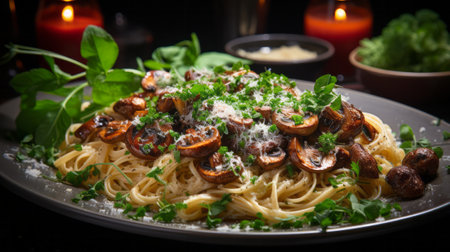 Close up of plate of pasta with mushrooms. Generative AI.の素材