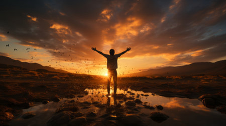 Silhouette of a man jumping into the air. Generative AI.の素材