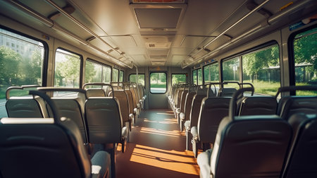 Empty passenger bus interior. Generative AI.の素材