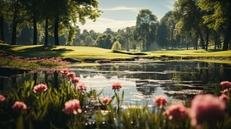 Golf course with flag and hole with sunlight. Generative AI.の素材