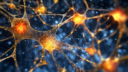 Interconnected nodes representing neurons. Generative AI.の素材