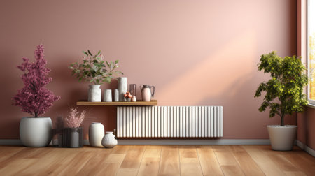 Empty room with hard wood flooring and radiator. Generative AI.の素材