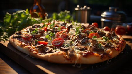 Pizza with mushrooms close-up. Generative AI.の素材