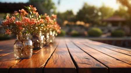 Empty wooden table top with blurred background. Generative AI.の素材