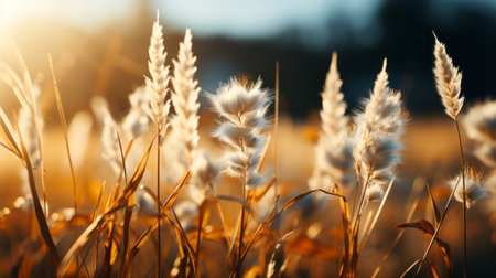 Close up of bunch of grass in field with blurred background. Generative AI.の素材