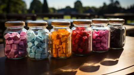 Row of glass jars filled with different colore. Generative AI.の素材