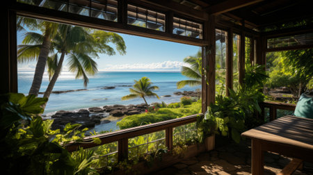 Ocean view from bungalow window. Generative AI.の素材