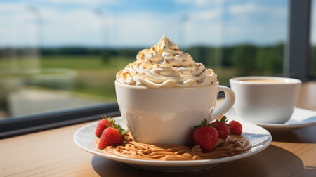 Close up of cup of coffee with whipped cream. Generative AI.の素材