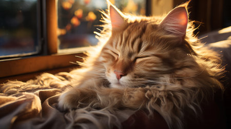 Cat sleeping on window sill close-up. Generative AI.の素材