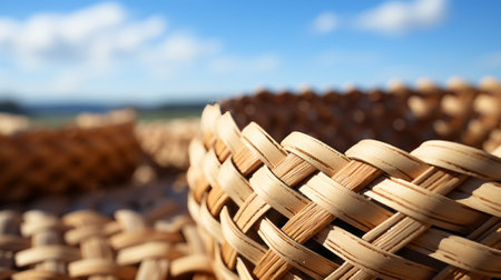 Close up of basket that is made of wood. Generative AI.の素材